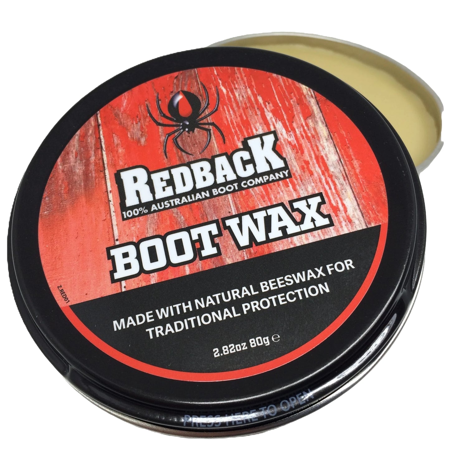 Round tin of Redback Boots Natural Boot Wax containing premium beeswax and conditioning oils for leather footwear care.