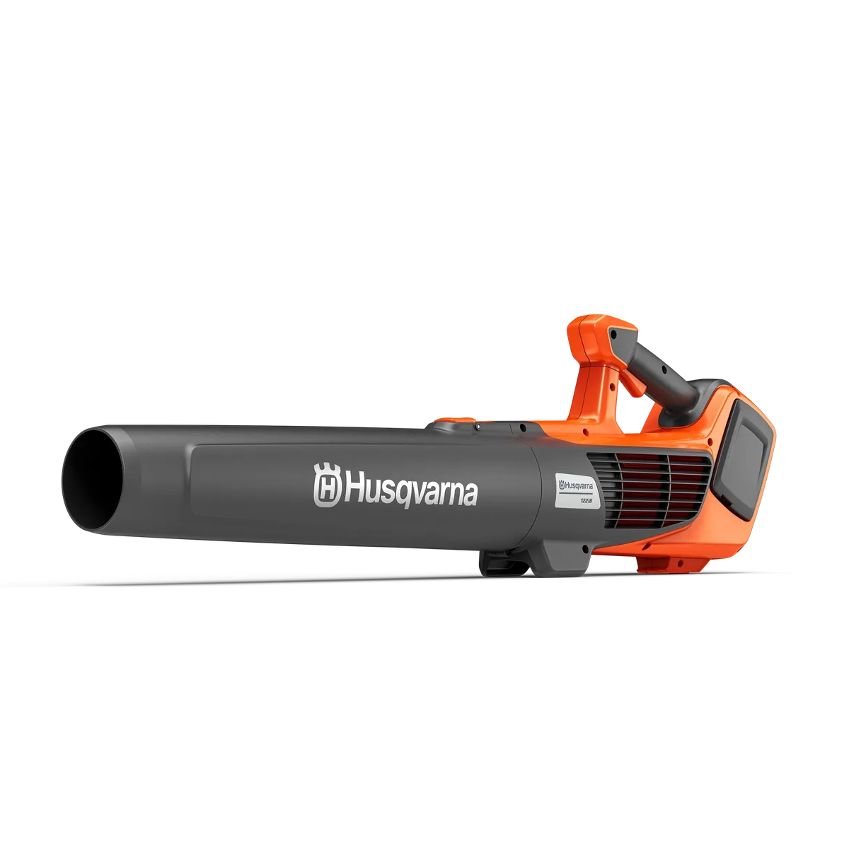 Husqvarna 122iB cordless 36V handheld leaf blower clearing leaves and garden debris from a gravel pathway