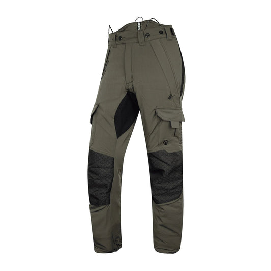 Arbortec AT4062EU Vented Class 1 Design A Chainsaw Trousers in olive green, featuring Kevlar knee reinforcements and side pockets.