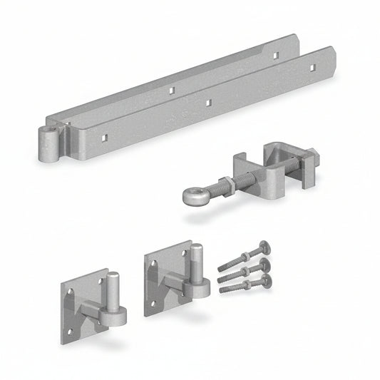 Birkdale 600mm galvanised adjustable double strap hinge set with hooks on 4-inch square plates and fixings for a 3-inch timber field gate.
