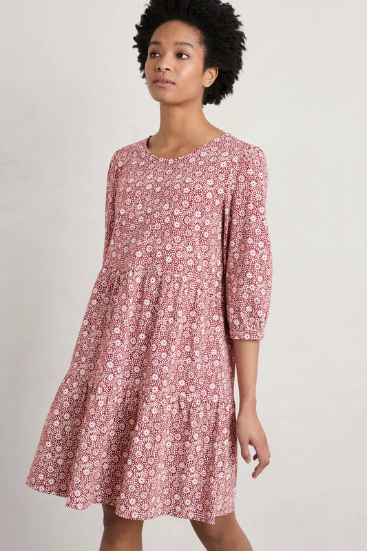 Seasalt Heron Dip Tiered Jersey Dress - Sun Dot Red Cabin