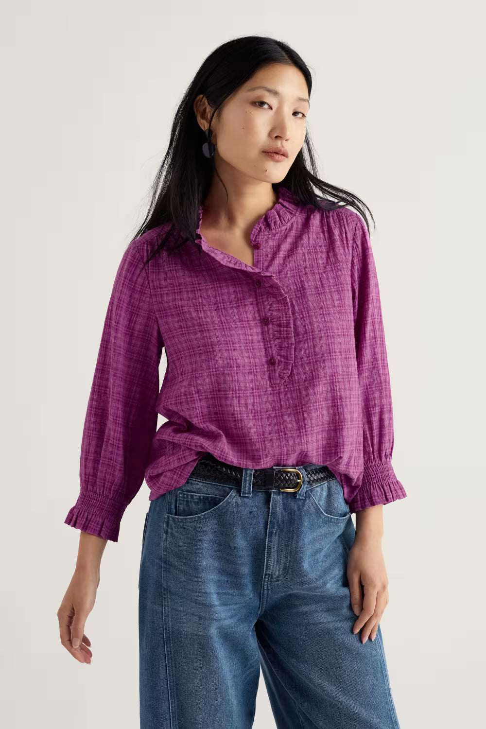 Seasalt Feather Star Checked Top in Bright Orchid