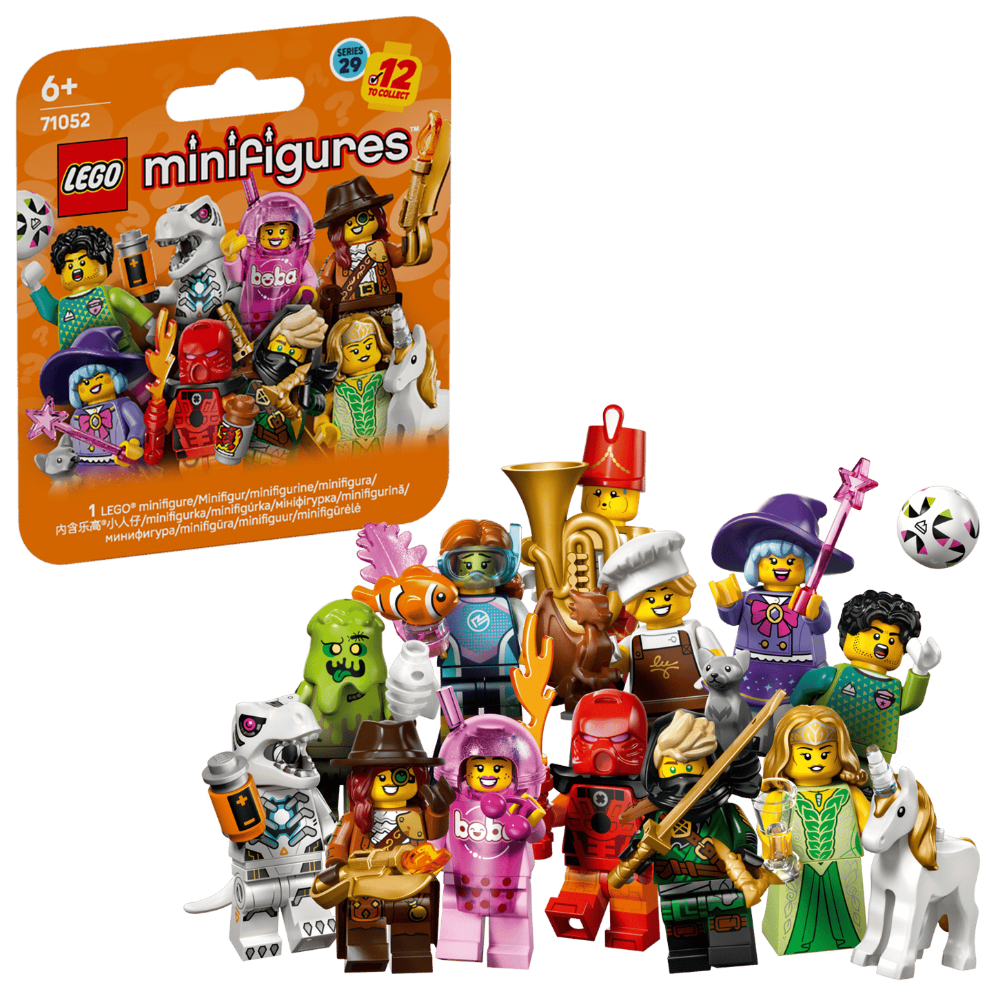 Collection of twelve LEGO Minifigures Series 29 characters alongside an orange mystery foil packet packaging
