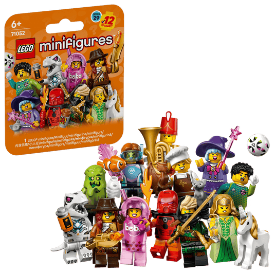 Collection of twelve LEGO Minifigures Series 29 characters alongside an orange mystery foil packet packaging