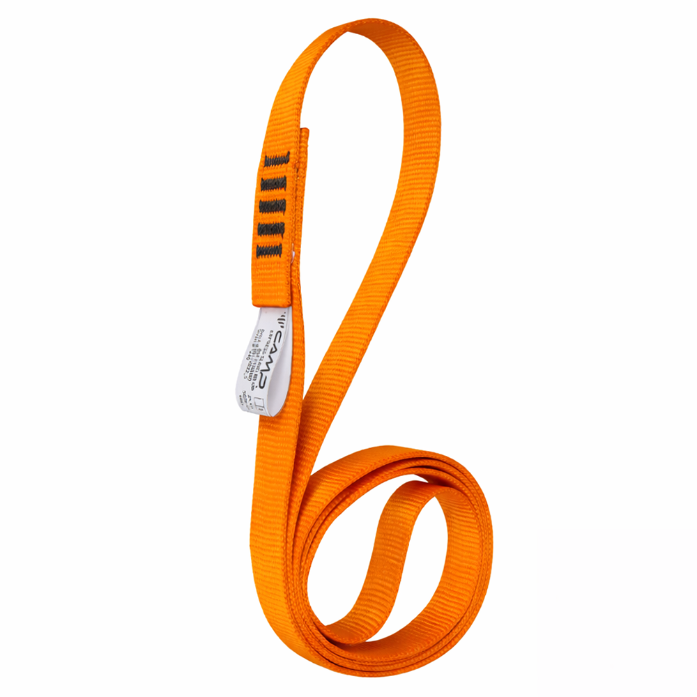 CAMP Express 60cm orange polyester webbing sling laying flat, showing robust stitching and 15mm width.