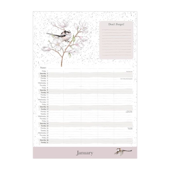 Wrendale Designs The Country Set 2027 family calendar showing monthly layout and countryside illustrations