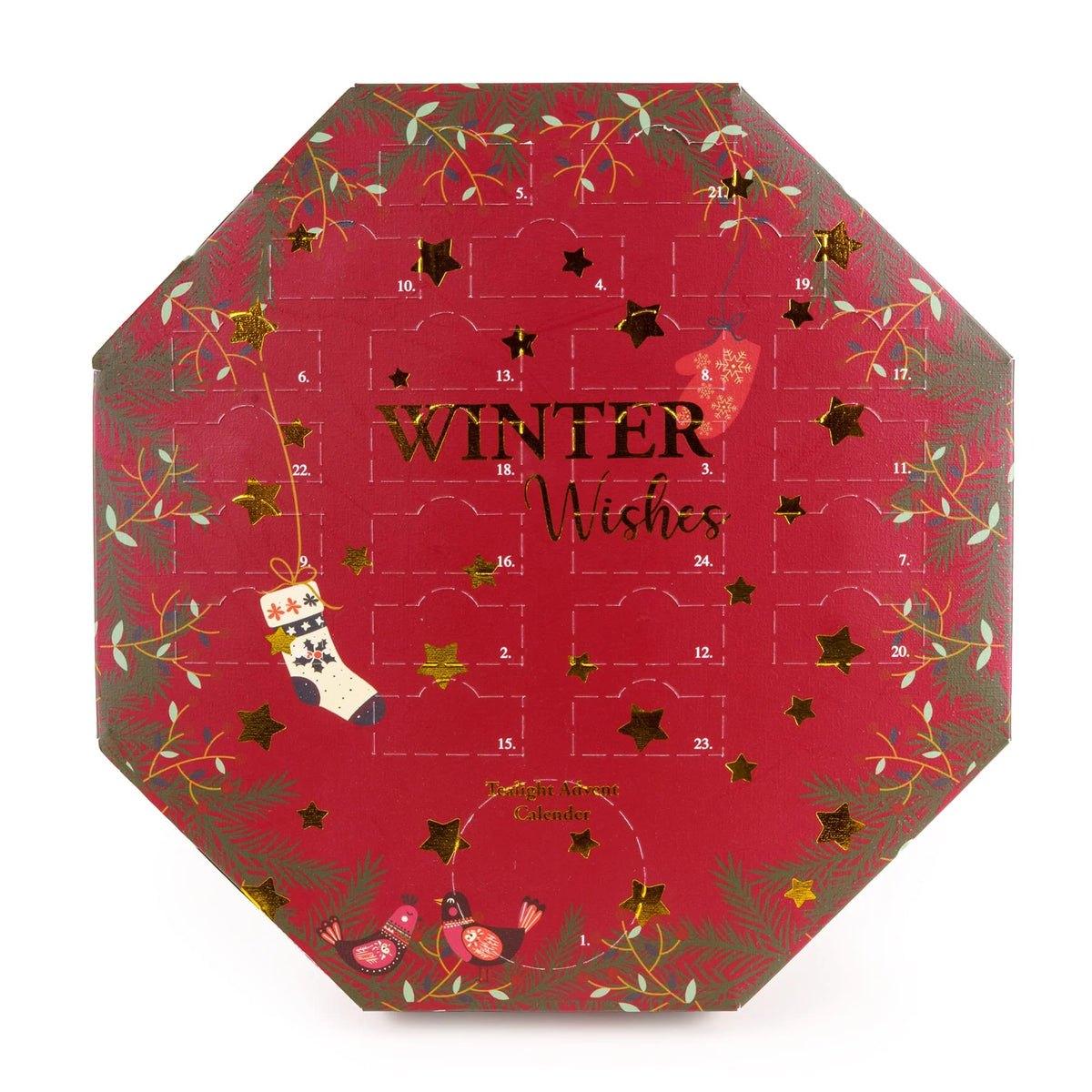 Candlelight Winter Wishes red octagonal 24 tealight advent calendar with glass holder and colourful tealights