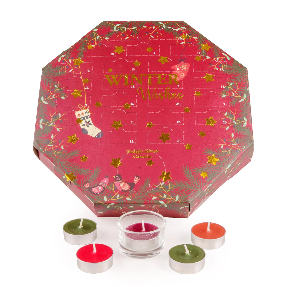 Candlelight Winter Wishes red octagonal 24 tealight advent calendar with glass holder and colourful tealights