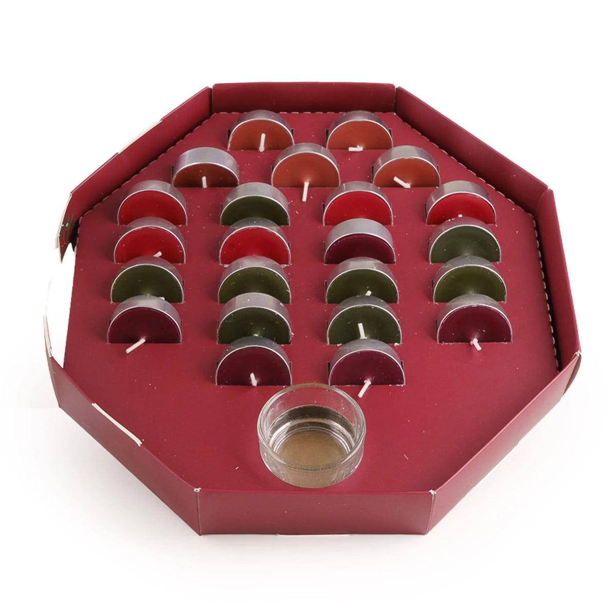 Candlelight Winter Wishes red octagonal 24 tealight advent calendar with glass holder and colourful tealights