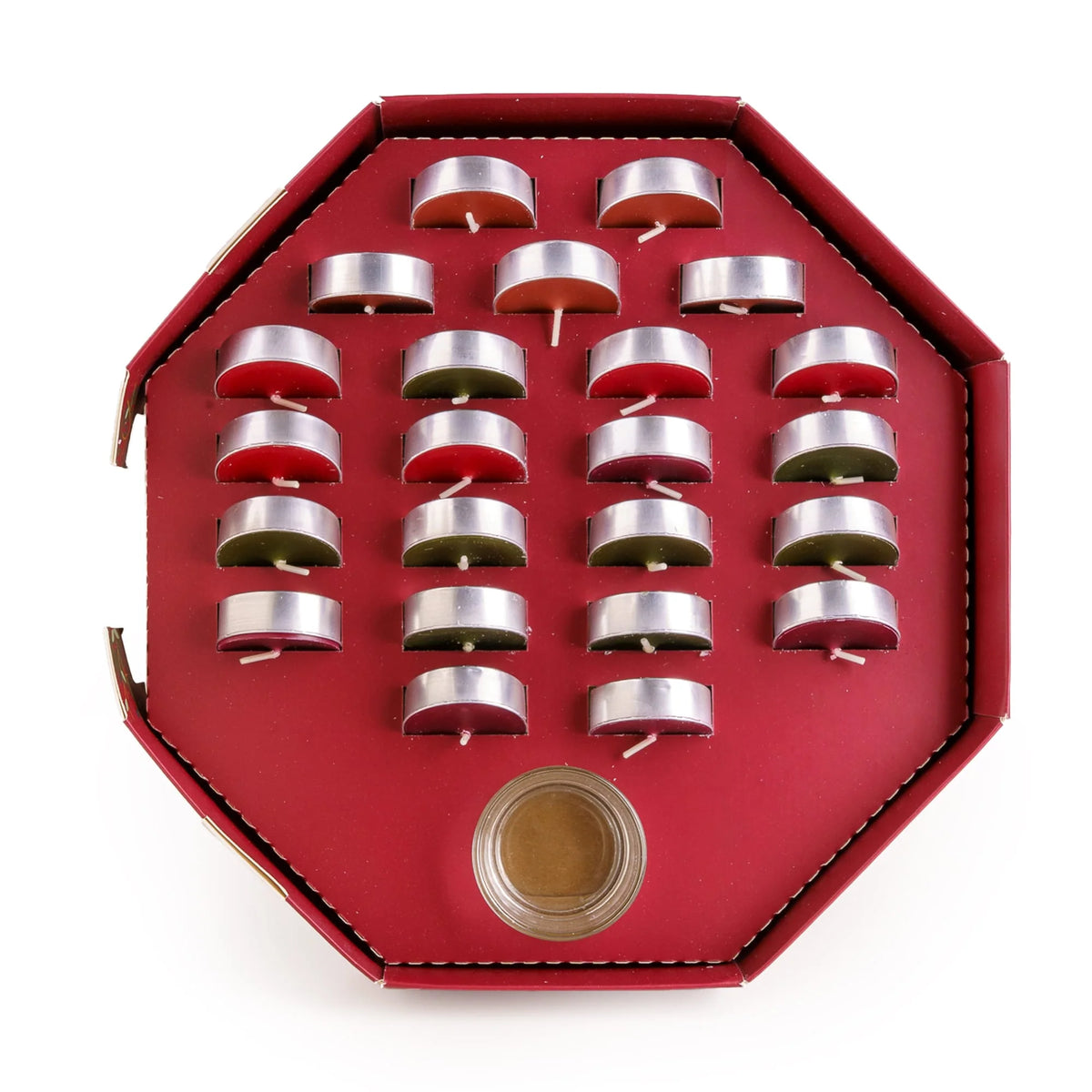 Candlelight Winter Wishes red octagonal 24 tealight advent calendar with glass holder and colourful tealights