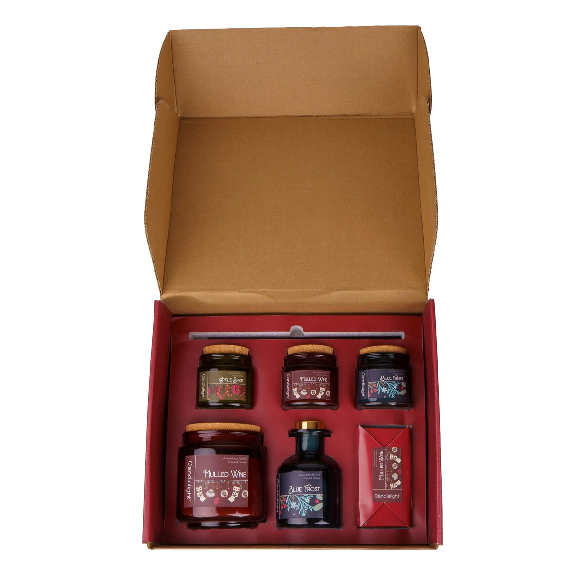 Candlelight Festive Florals Christmas home fragrance gift set showing candles, reed diffuser, and wax melts in a red presentation box