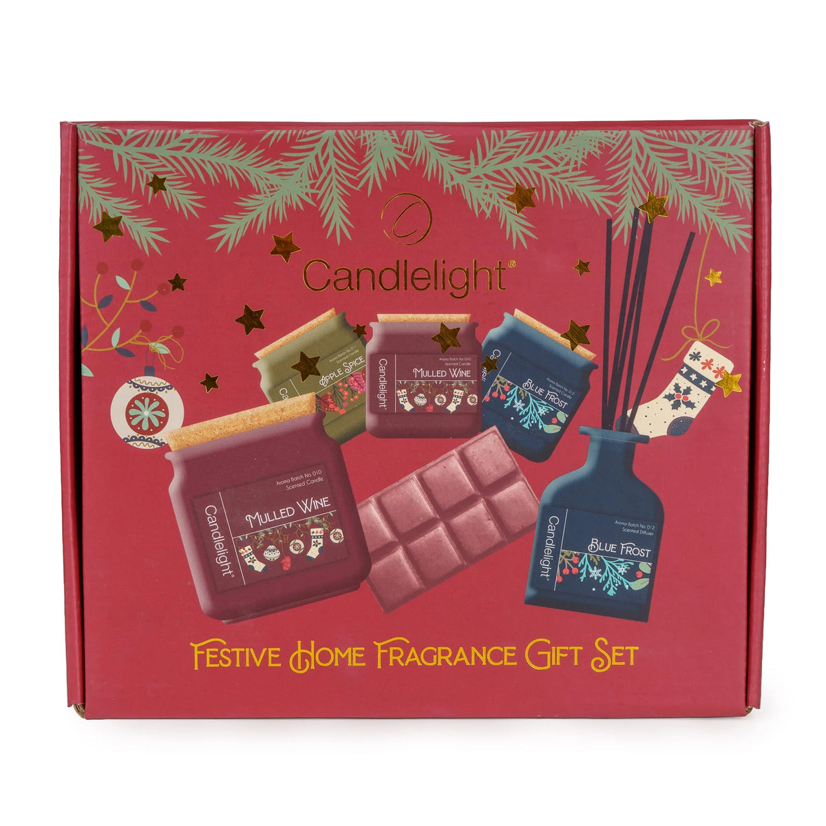 Candlelight Festive Florals Christmas home fragrance gift set showing candles, reed diffuser, and wax melts in a red presentation box