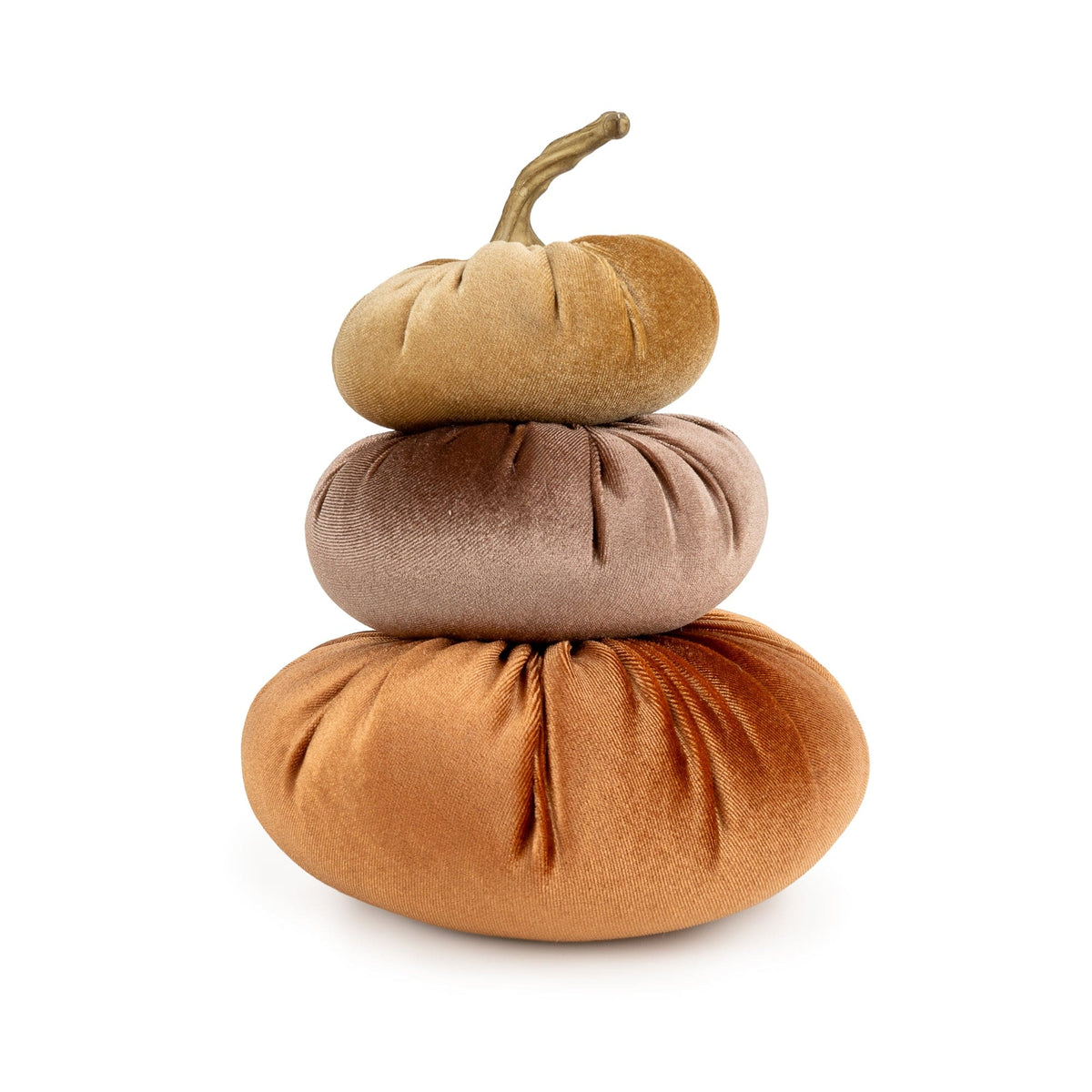 Candlelight trio of stacked velour pumpkin cushions in terracotta hues with a twisted stem