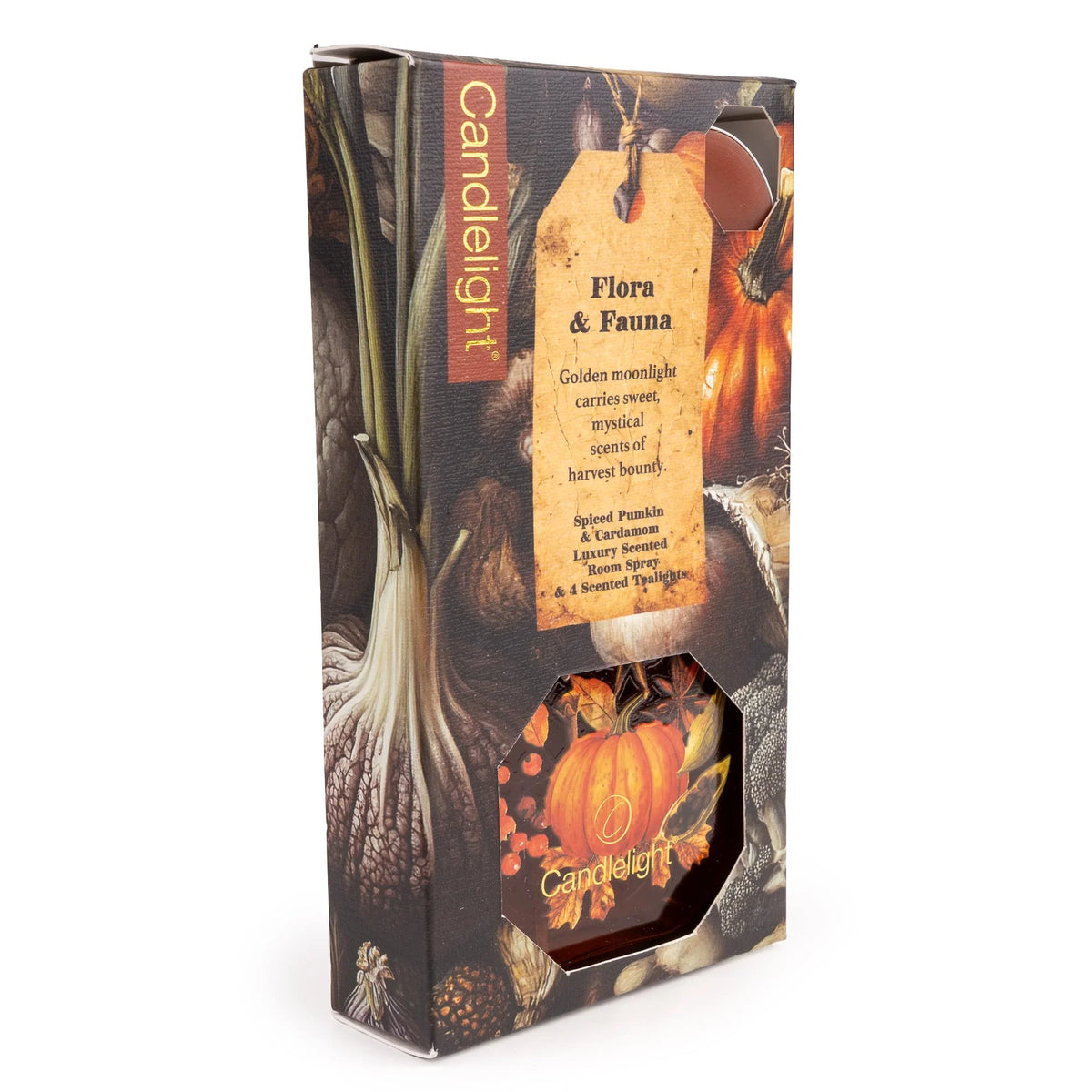 Candlelight Pumpkins Flora and Fauna room spray bottle and scented tealight gift set