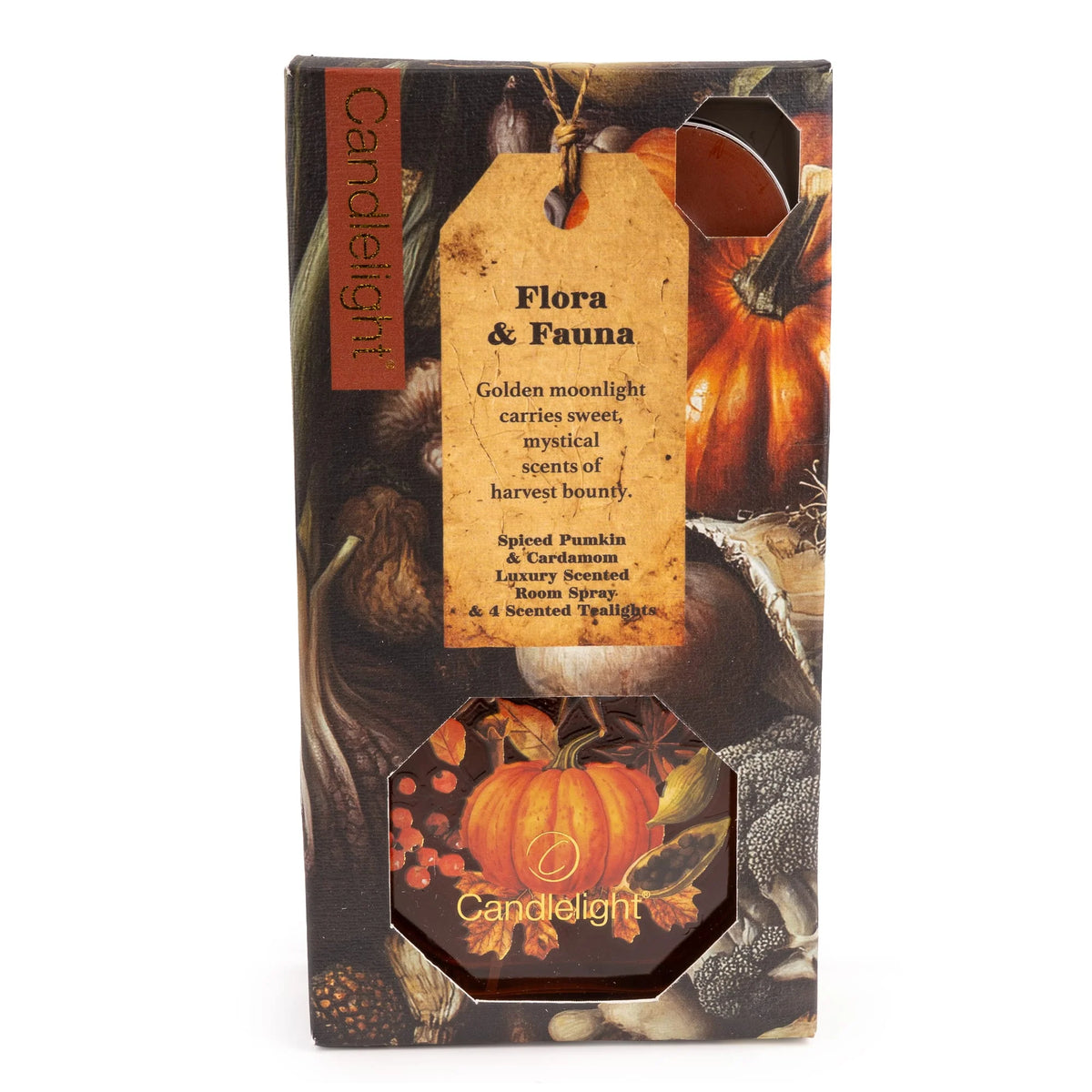 Candlelight Pumpkins Flora and Fauna room spray bottle and scented tealight gift set