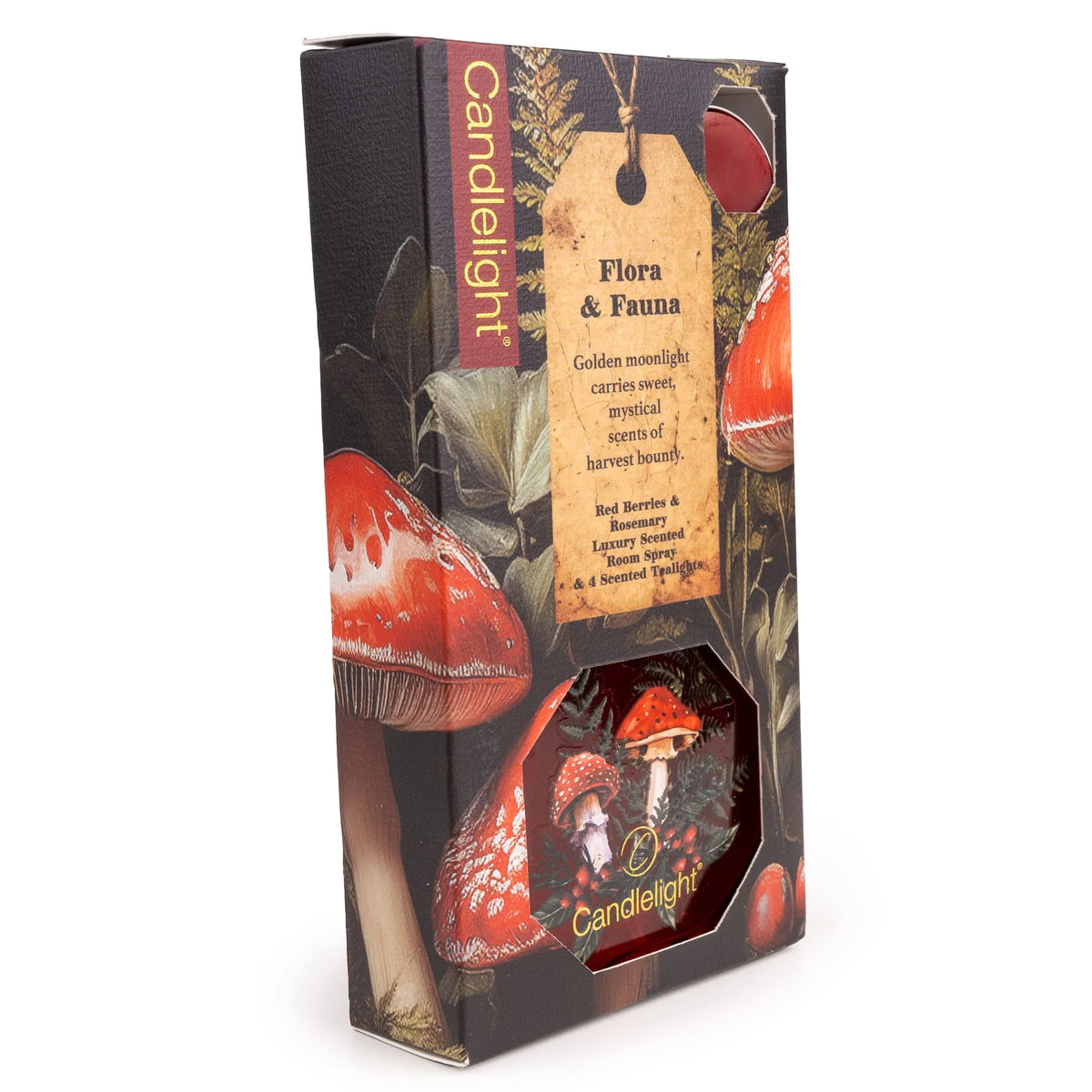 Candlelight Toadstools Flora and Fauna room spray bottle and red scented tealight gift set