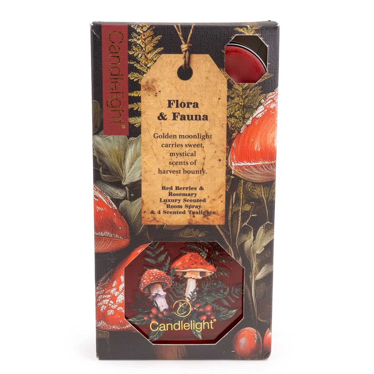 Candlelight Toadstools Flora and Fauna room spray bottle and red scented tealight gift set