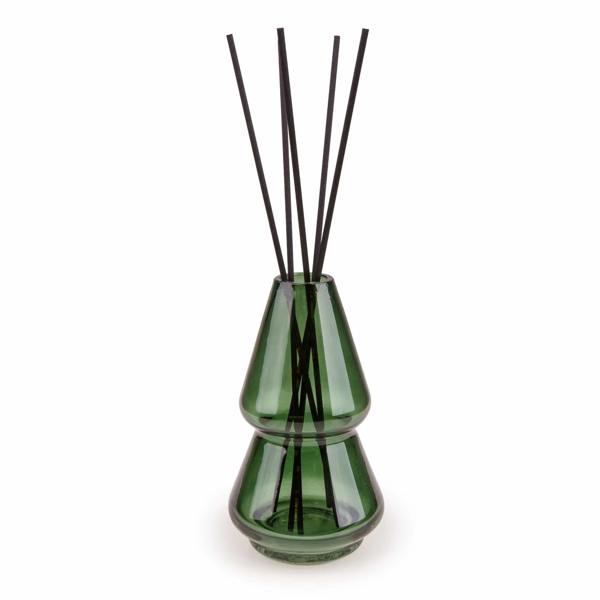 Candlelight Pine Forest 150ml reed diffuser in green glass vessel standing next to stag forest gift tube