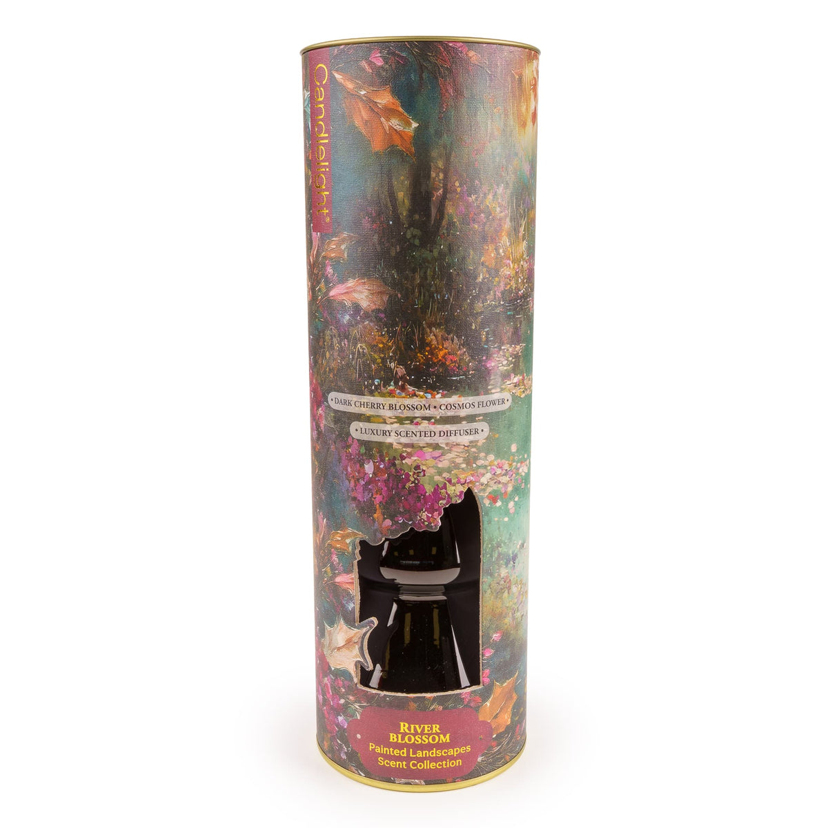 Candlelight River Blossom 150ml reed diffuser in red glass vessel beside illustrated presentation tube