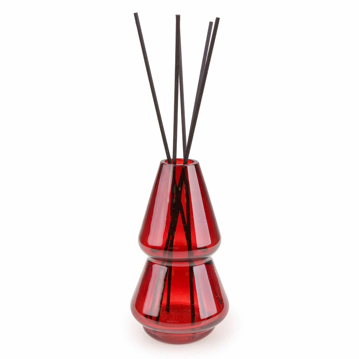 Candlelight River Blossom 150ml reed diffuser in red glass vessel beside illustrated presentation tube