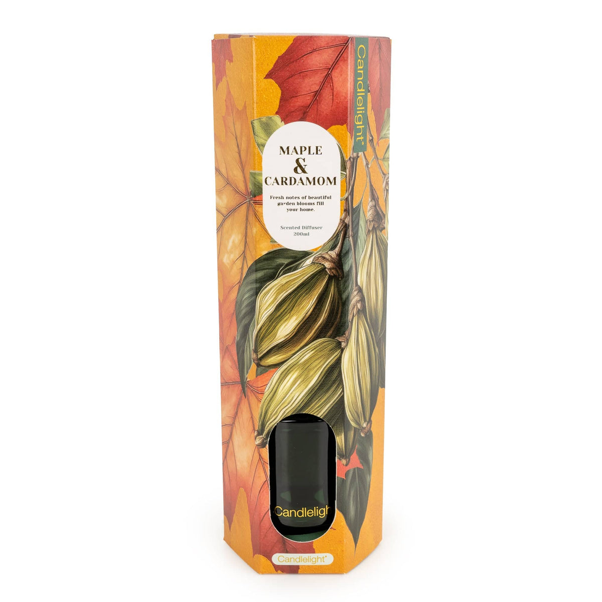 Candlelight Maple and Cardamom 200ml reed diffuser in green glass bottle beside illustrated gift box