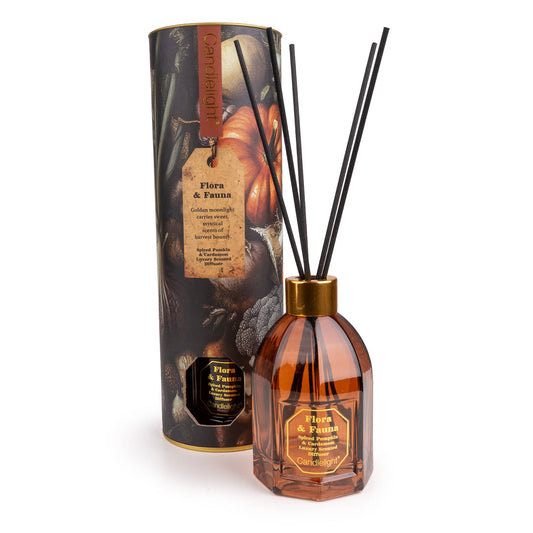Candlelight Pumpkins Flora and Fauna 200ml reed diffuser in amber glass bottle with illustrated gift packaging tube