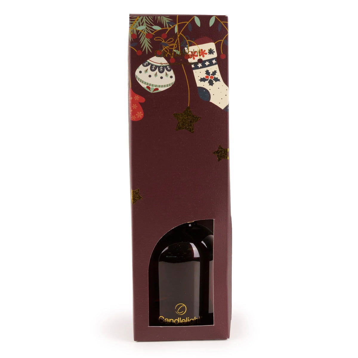 Candlelight Red Stockings and Baubles 200ml reed diffuser in red glass bottle beside festive gift box