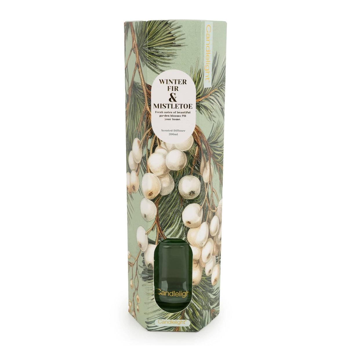 Candlelight Winter Fir and Mistletoe 200ml reed diffuser in green glass bottle beside illustrated gift box