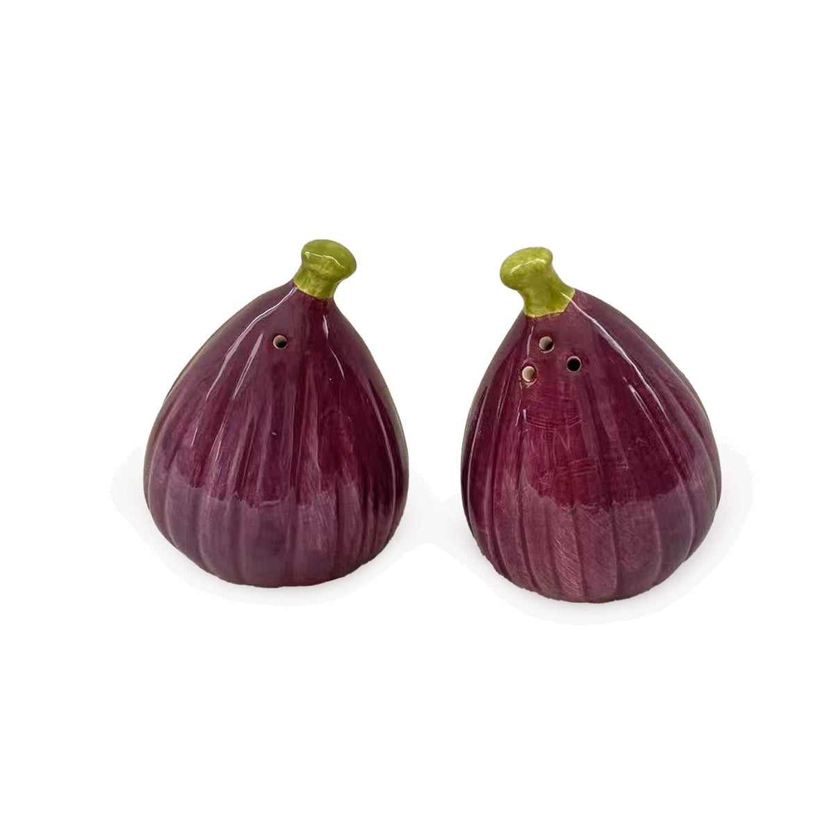 Candlelight deep purple ceramic fig shaped salt and pepper pots with green stems