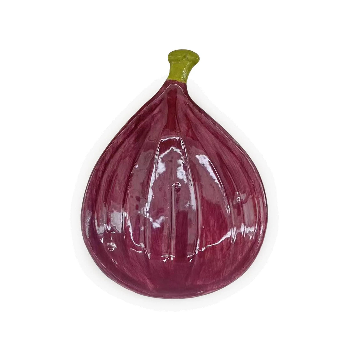 Candlelight fig shaped glazed ceramic spoon rest with rich purple body and green stem detail