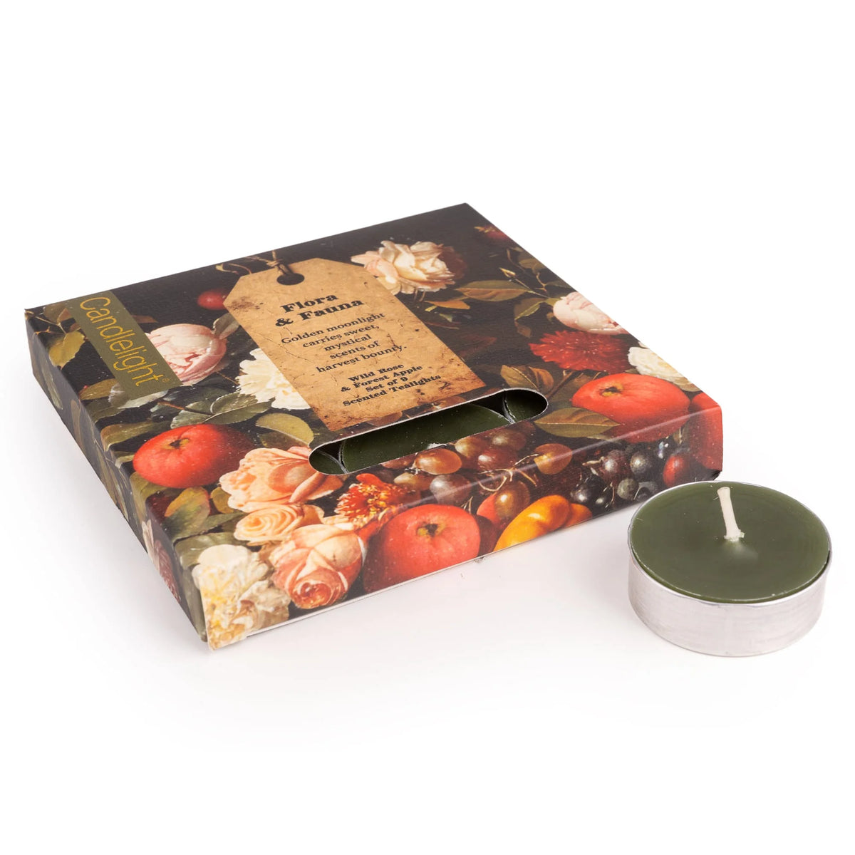 Candlelight Flora and Fauna set of 9 green scented tealights in vintage botanical fruit and rose gift box