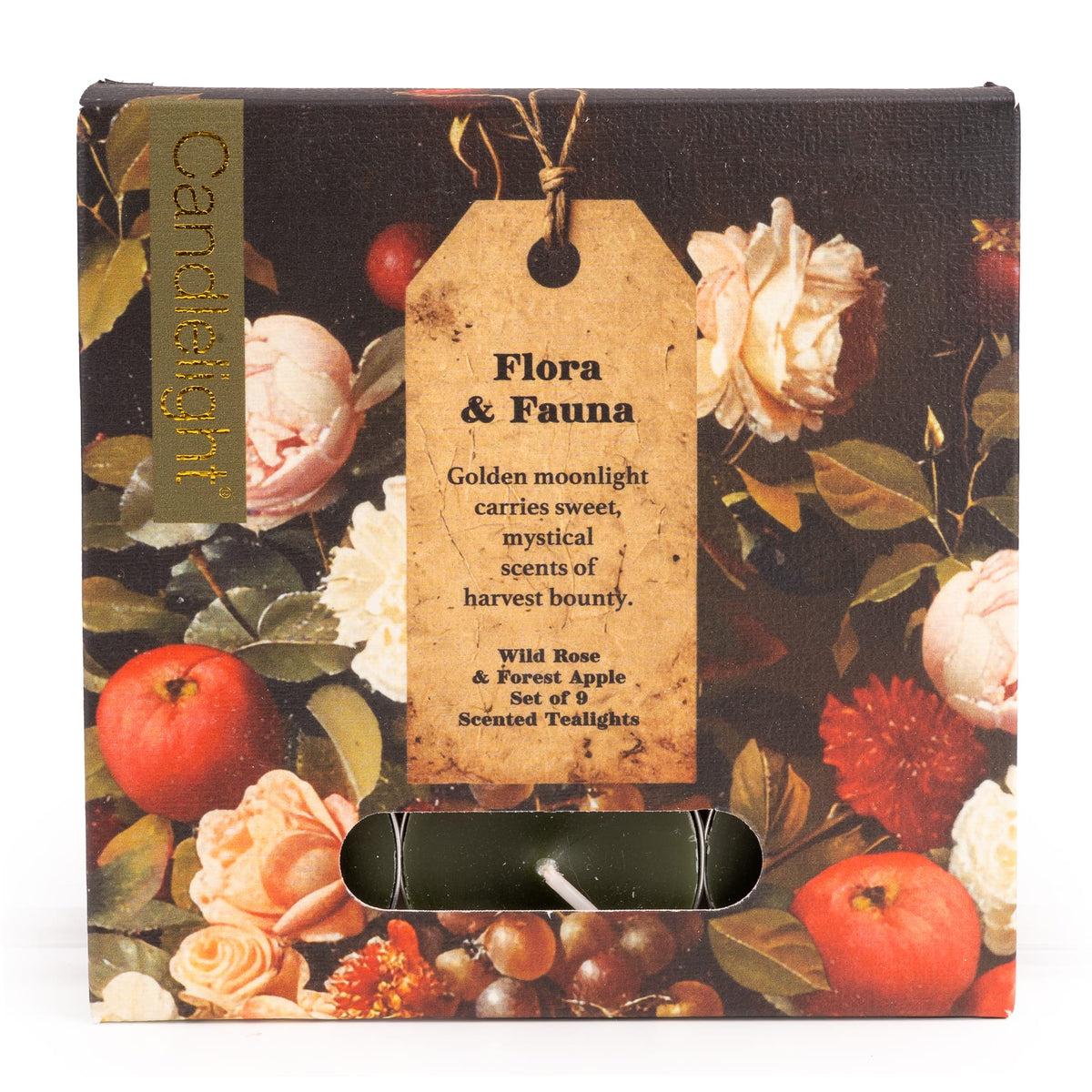 Candlelight Flora and Fauna set of 9 green scented tealights in vintage botanical fruit and rose gift box
