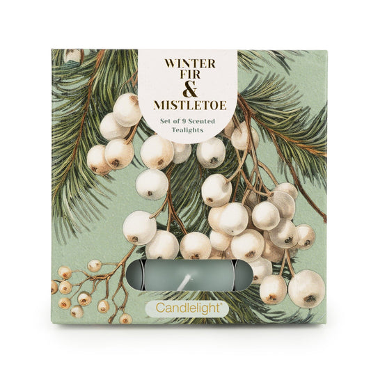 Candlelight Winter Fir and Mistletoe set of 9 green scented tealights presented in illustrated pine and white berry gift box
