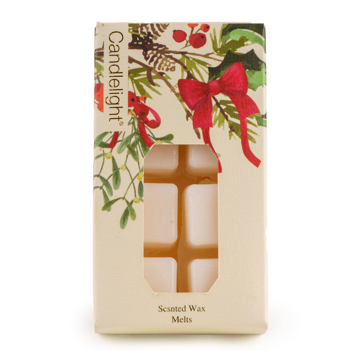 Candlelight Ribbon and Bows Cream 8 pack wax melts box showing festive holly and red bow illustrations