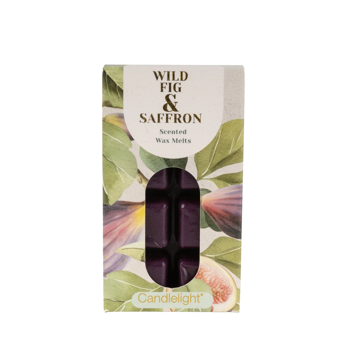 Candlelight Wild Fig and Saffron 8 pack wax melts in illustrated box showing deep purple wax cubes