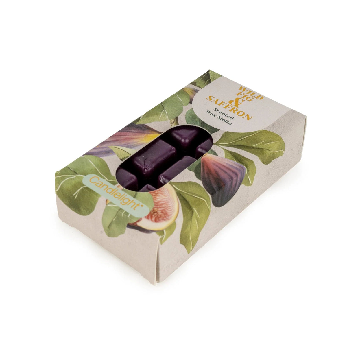 Candlelight Wild Fig and Saffron 8 pack wax melts in illustrated box showing deep purple wax cubes