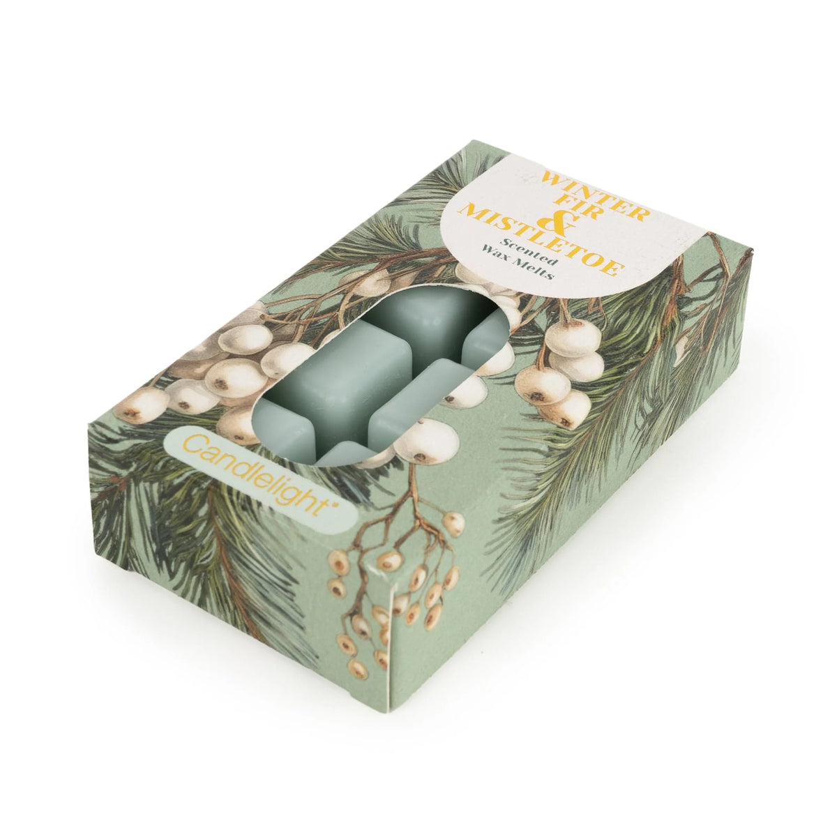 Candlelight Winter Fir and Mistletoe 8 pack wax melts box showing green wax cubes and mistletoe illustrations