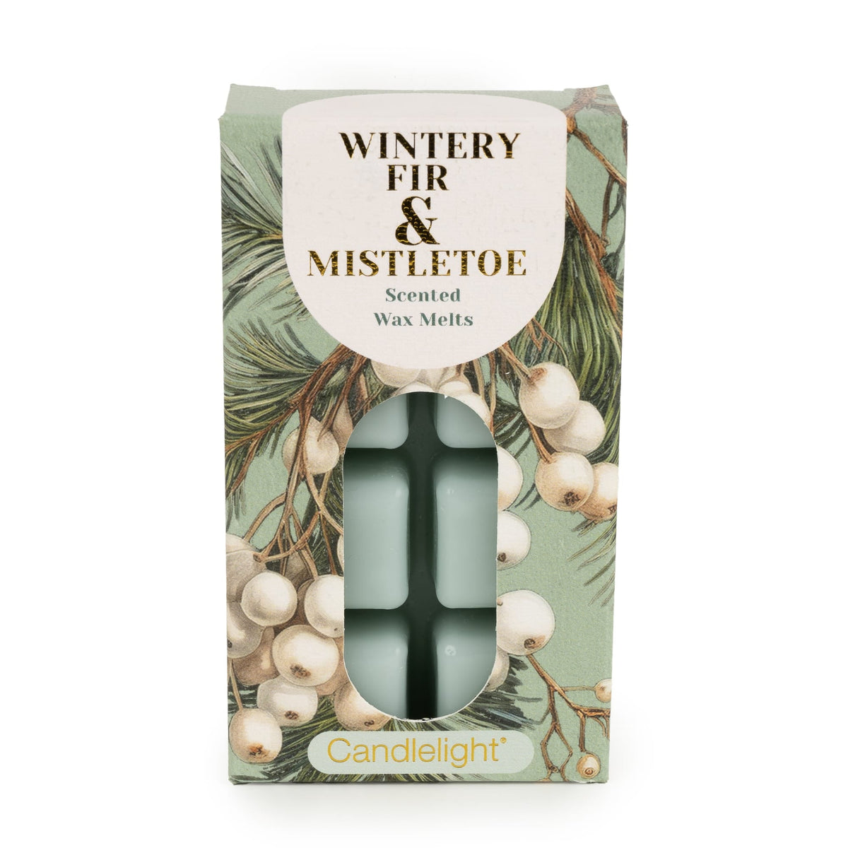 Candlelight Winter Fir and Mistletoe 8 pack wax melts box showing green wax cubes and mistletoe illustrations