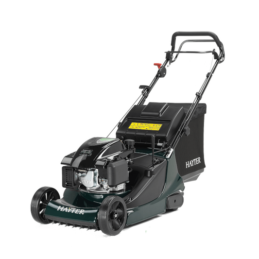 Hayter Harrier 48 VS petrol rear-roller lawnmower (model 474B) showing its 48cm aluminium cutting deck, variable speed handlebar controls, and 70-litre grass bag.