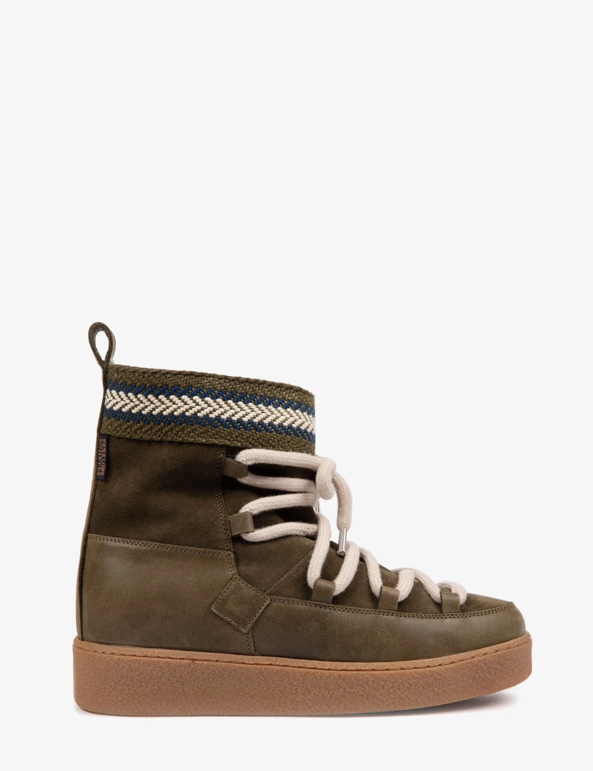 Penelope Chilvers Cosmos khaki suede shearling lined moon boot with thick cream laces and patterned trim