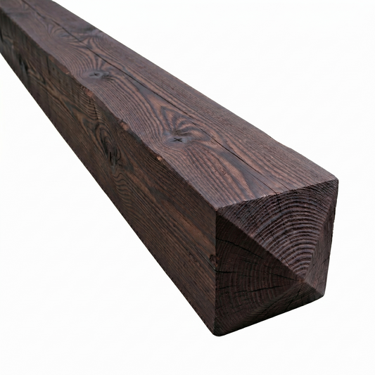 A robust 8ft creosoted wooden gate post, treated with a protective dark oil finish for long-lasting field boundary support.