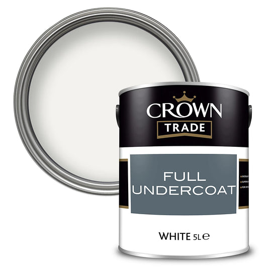 Large 5 Litre tin of Crown Trade Full Undercoat paint in White for interior and exterior wood and metal prep