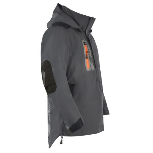 Harkie Defiance Arborist Smock in hi-vis orange showing waterproof RainBlok fabric and stowable hood