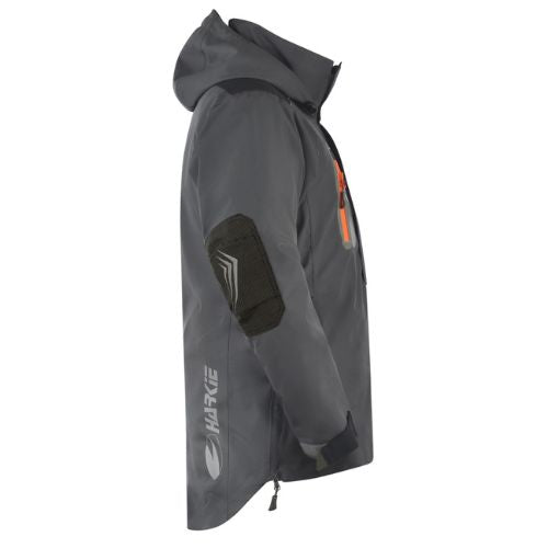 Harkie Defiance Arborist Smock in hi-vis orange showing waterproof RainBlok fabric and stowable hood