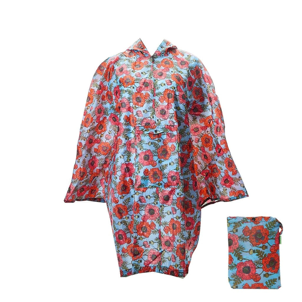 Eco Chic Waterproof Foldable Adult Poncho Poppies Blue