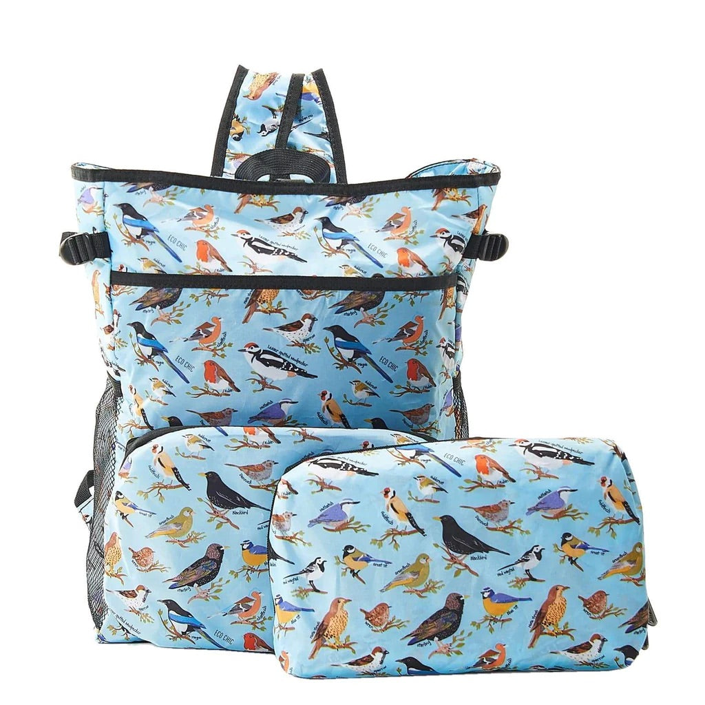 Eco Chic Lightweight Foldable Backpack Cooler Wild Birds Blue