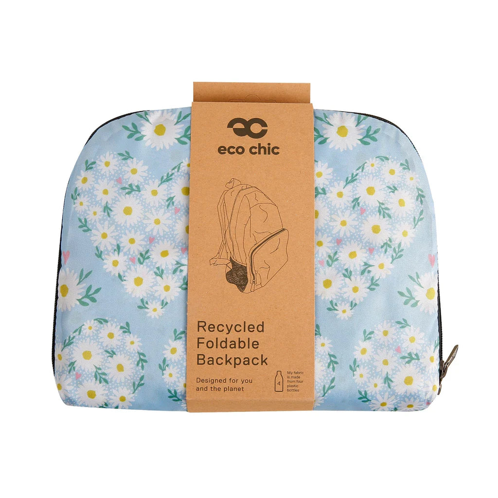 Eco Chic Lightweight Foldable Blue Daisy Hearts Backpack
