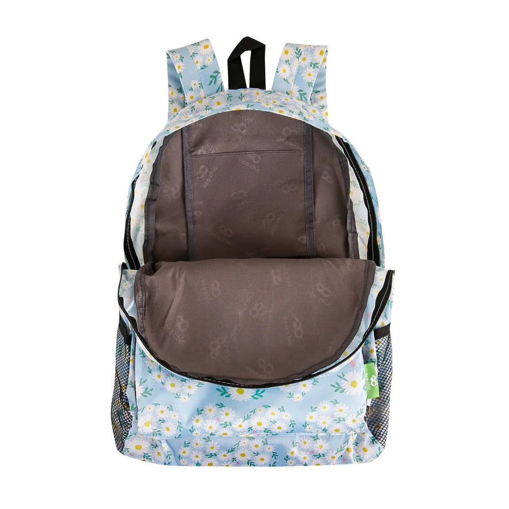 Eco Chic Lightweight Foldable Blue Daisy Hearts Backpack