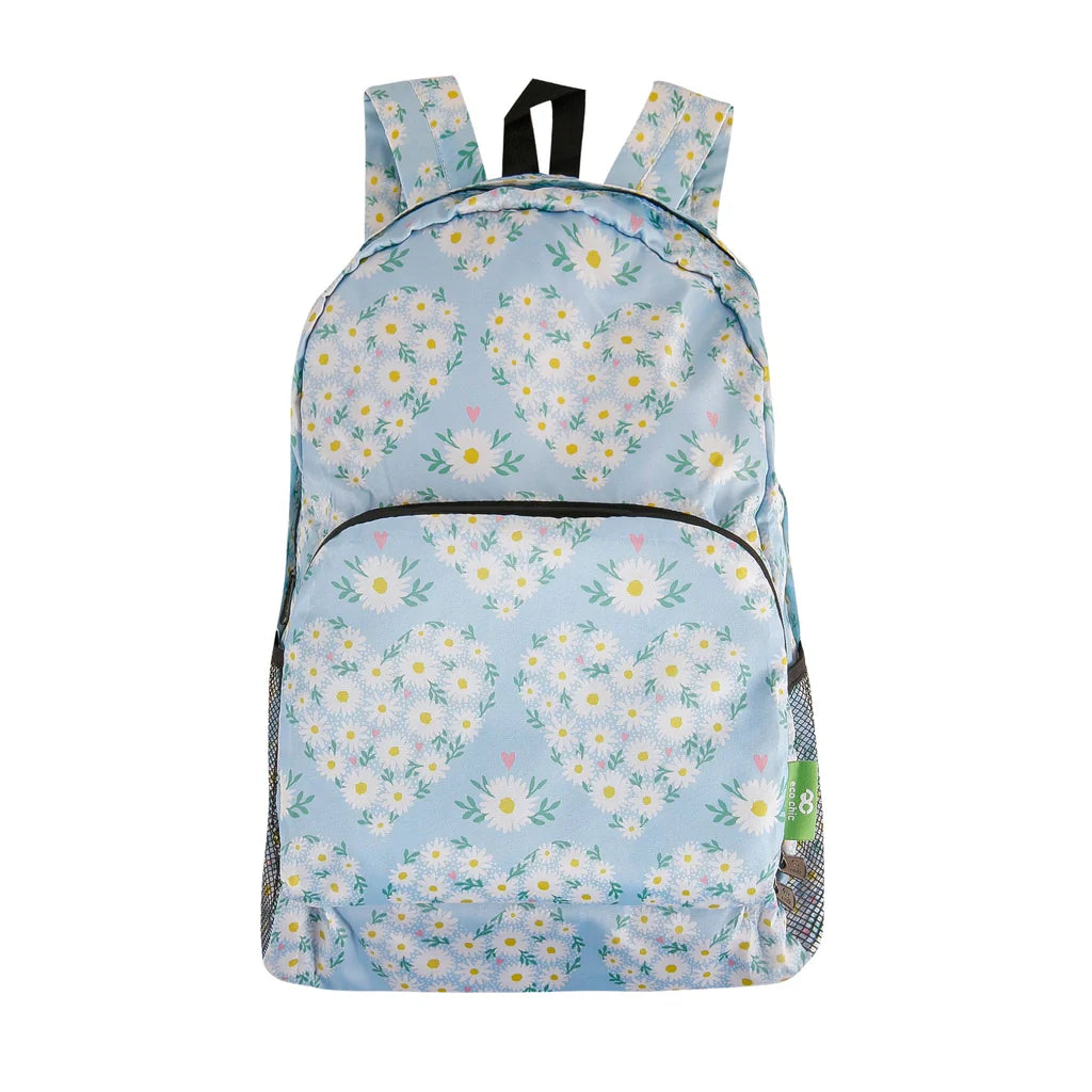 Eco Chic Lightweight Foldable Blue Daisy Hearts Backpack