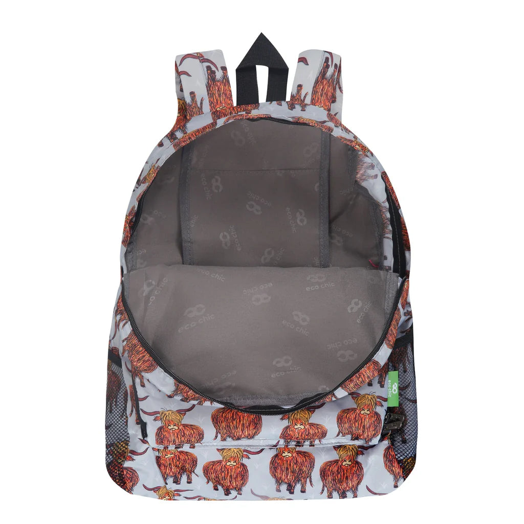 Eco Chic Lightweight Foldable Grey Highland Cow Backpack
